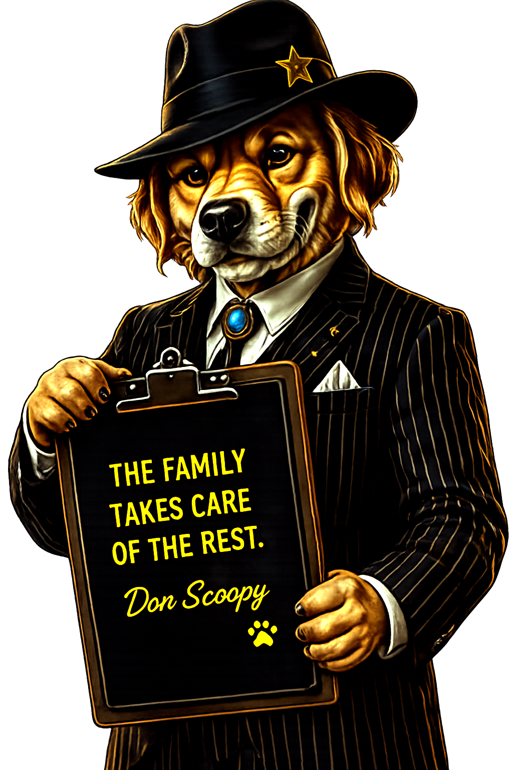 Don Scoopy in a pinstripe suit holding a clipboard that reads The Family Takes Care Of The Rest